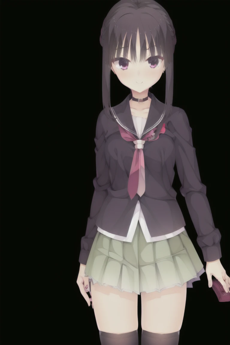 1girl,solo,looking_at_viewer,blush,smile,short_hair,bangs,skirt,black_hair,thighhighs,long_sleeves,closed_mouth,school_uniform,purple_eyes,full_body,pleated_skirt,shoes,serafuku,black_thighhighs,sailor_collar,zettai_ryouiki,neckerchief,hand_on_hip,brown_footwear,white_skirt,loafers,red_neckerchief,expensive_solve, clear_image, expensive_Contrast, 8k, Sparkling, beautiful_detailed_face_and_eye, (Black Hair:1.25), 白 eye,Black background