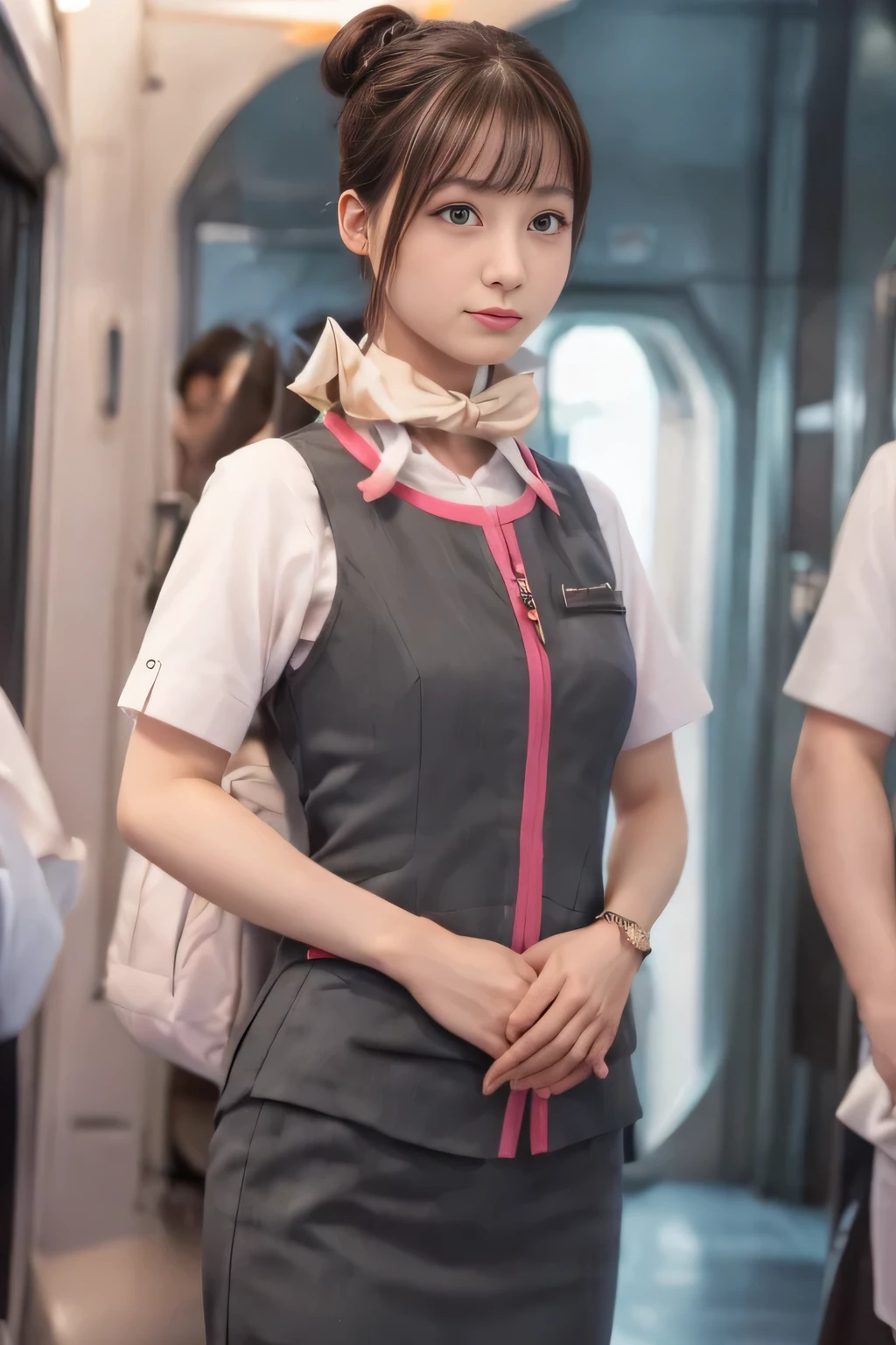 (masterpiece:1.2, highest quality:1.2), 32K HDR, High resolution, (alone、1 girl)、（At the station platform、Professional Lighting）、Station Background、（Realistic style of JR Gran Class crew wearing uniform）、Short sleeve blouse、a scarf around the neck、（JR Gran Class flight attendant uniform with pink parts on the skirt sleeves）、（JR Gran Class flight attendant uniform with pink stripes on the vest）、Dark brown hair、（Hair tied up、Hair Bun、Hair Bun）、Dark brown hair、Long Shot、Big Breasts、（（Great hands：2.0）），（（Harmonious body proportions：1.5）），（（Normal limbs：2.0）），（（Normal finger：2.0）），（（Delicate eyes：2.0）），（（Normal eyes：2.0））)、Luxury Necklace、Captivating look、Beautiful standing posture,Place your hands around your stomach