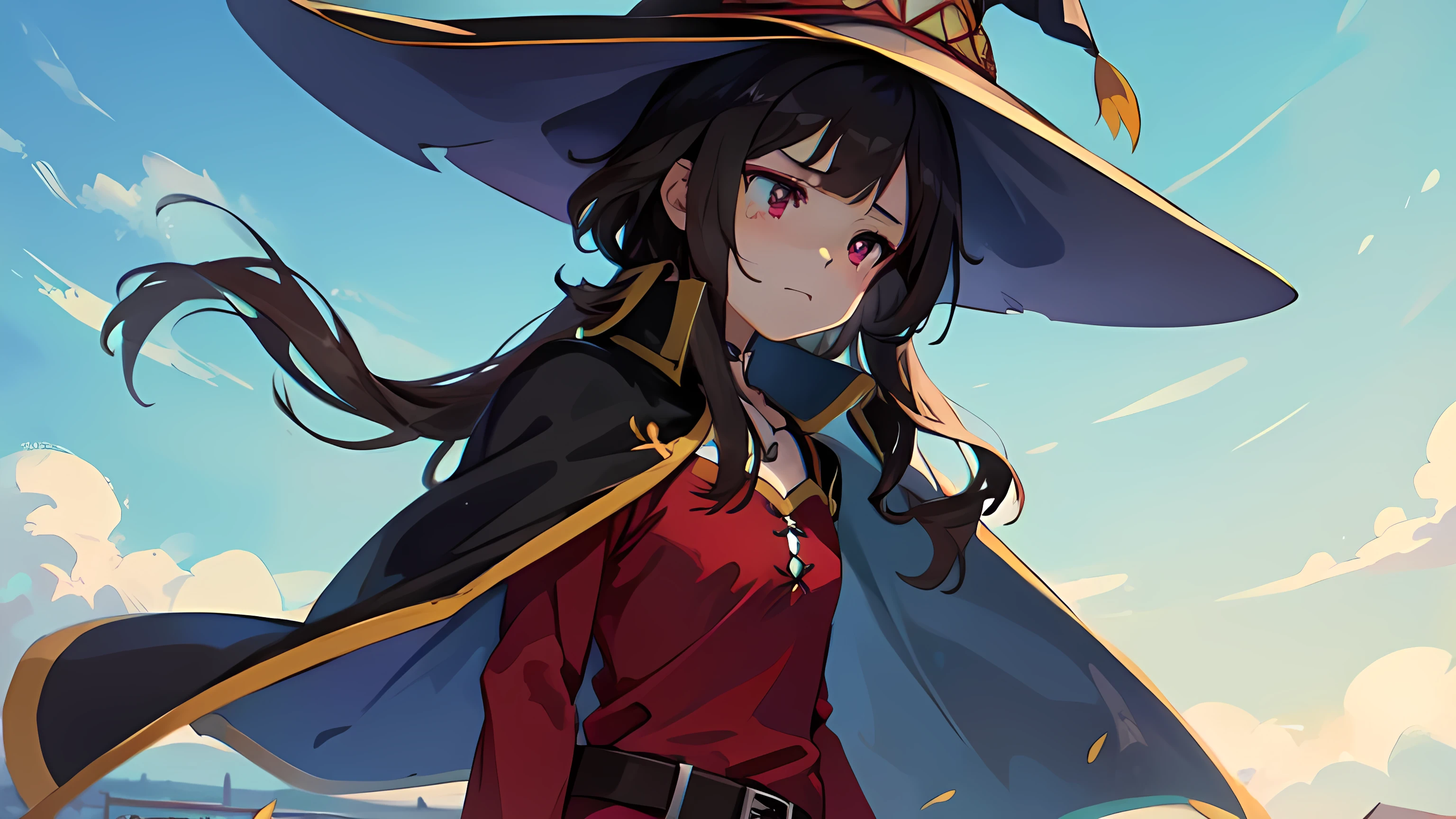 1 girl,cute,looking away, adorabel girl,cute face,details sky,handsome,young,juvenile,((masterpiece:1.4,best quality)),multiple details,eyeshadow,sfw, (medium  shot:1.5),
crimson  eyes, (black lycra pantyhose:0.8),
 RED DRESS,BARE SHOULDERS,WITCH HAT,CAPE,ASYMMETRICAL LEGWEAR,BELT