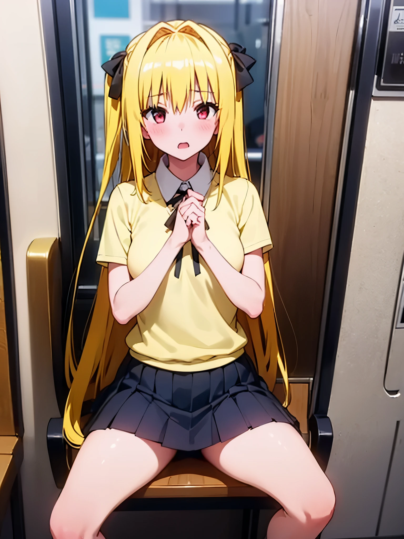 NSFW,1 girl,darkness、(Yellow Hair:1.5)、Long Hair、(Red Eye:1.5)、(hair ornaments:1.2)、Two Side Up、No sleeve、uniform、shirt、白いshirt、ribbon、(緑のribbon:1.kirt、(緑のskirt:1.2)、プリーツskirt、ショートskirt、sweater、(薄茶色のsweaterベスト:1.5)、S sleeve、(Perfect hands),(Perfect Anatomy),(masterpiece),(highest quality),Embarrassed,blush,Inside the train,(Molester:1.5)