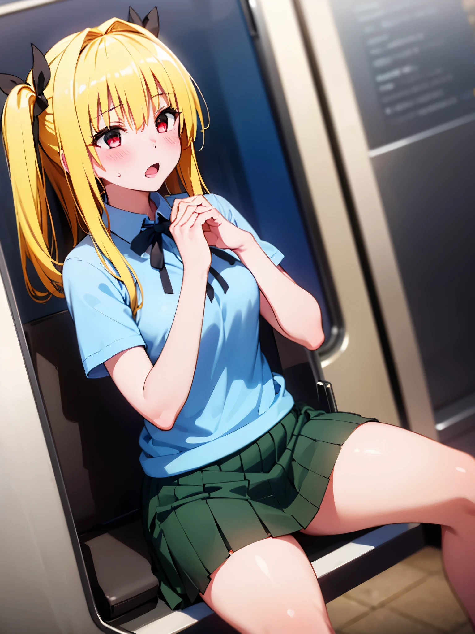 NSFW,1 girl,darkness、(Yellow Hair:1.5)、Long Hair、(Red Eye:1.5)、(hair ornaments:1.2)、Two Side Up、No sleeve、uniform、shirt、白いshirt、ribbon、(緑のribbon:1.5)、skirt、(緑のskirt:1.2)、プリーツskirt、ショートskirt、sweater、(薄茶色のsweaterベスト:1.5)、Short sleeve、(Perfect hands),(Perfect Anatomy),(masterpiece),(highest quality),Embarrassed,blush,Inside the train,(Molester:1.5)