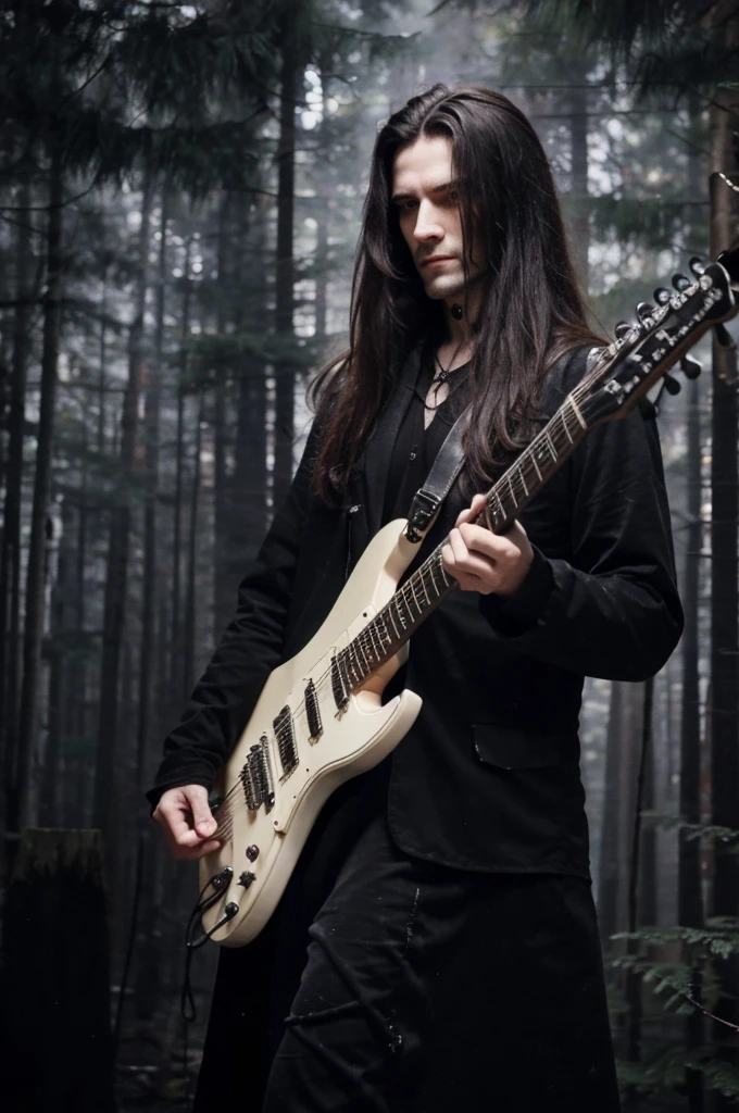 best quality, 8k, highly detailed face and skin texture, high resolution, black long hair man in black gothic jacket playing electric guitar at gloomy forest at night, under the candle light, full body, sharp focus