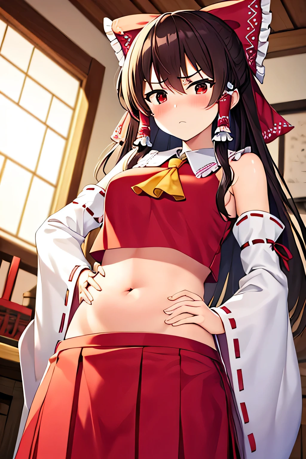 super fine illustration, vibrant colors, masterpiece, sharp focus, best quality, depth of field, cinematic lighting, ultra detailed, blush, annoyed, belly button, hips, shrine maiden, hakurei reimu, 1girl, hair bow, ascot, hair tubes, detached sleeves, looking down, red shirt, red skirt, long hair, dark brown hair, indoors, crop top 