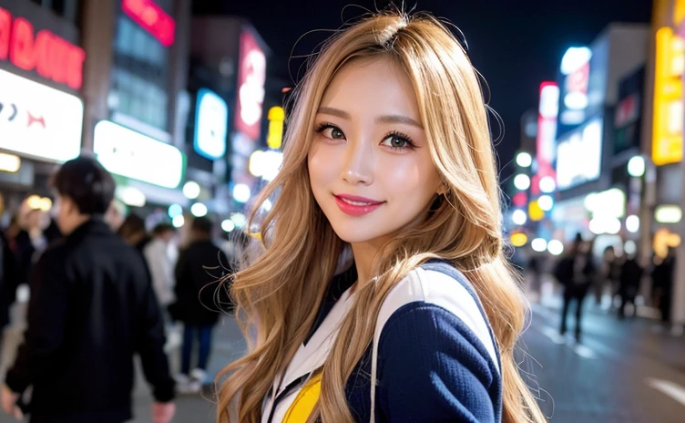 (Cowboy Shot、highest quality、8k、Award-winning works、Ultra-high resolution)、One beautiful woman、(blonde:1.1)、Bright color contacts、Perfect Makeup、Bright and shiny lipstick、Very long wavy hair、(Romantic affection:1.1)、The best smile when you see me、(Strongly blurred vibrant Harajuku city background:1.1)、(Strongly blurred background:1.1)、Accurate anatomy、Ultra HD Hair、(Ultra-high resolutionの完璧な美しい歯:1.1)、Ultra-high definition beauty face、Ultra HD Hair、Ultra-high definition sparkling eyes、輝くUltra-high resolutionの美肌、Ultra-high resolutionの艶やかな唇、Street Snap、Stylish summer outfit、26 years old