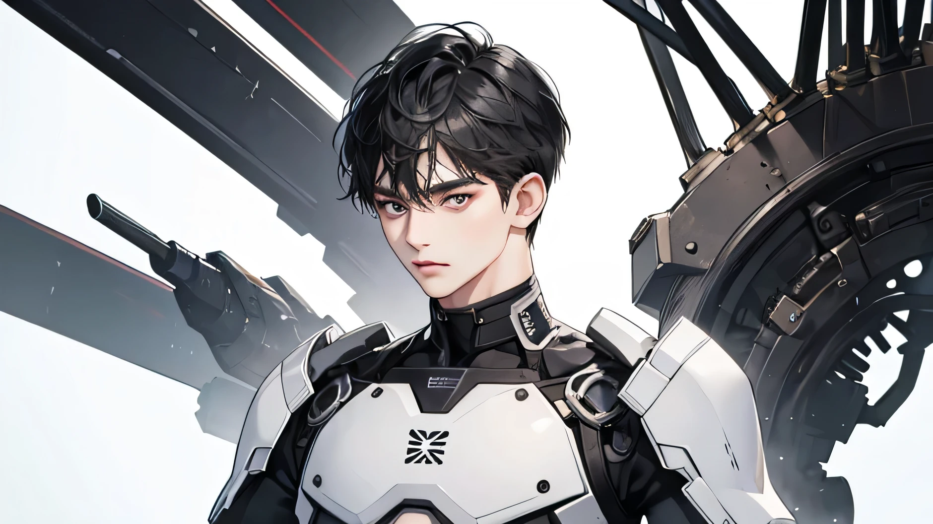 Handsome male 16 year old Japanese model Very short, cropped black hair future universe Soft Macho nude White mechanical parts attached to bare skin Naked, white exoskeleton mechanical parts attached, hard parts attached looking at the camera Soft Macho nude In the middle of installing white electronic parts on nude