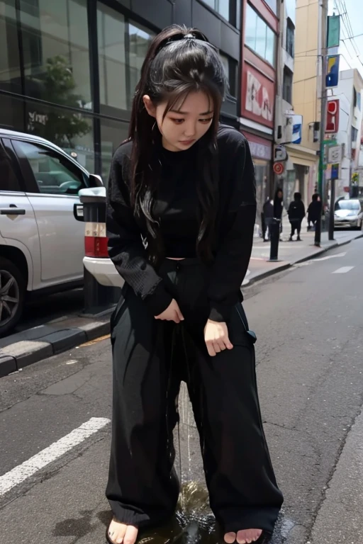 Japanese Girl sees the ghost and pees her black palazzo pants until her pants are wet in fright.