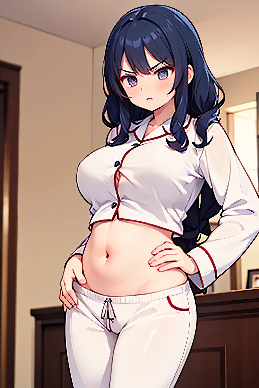 super fine illustration, vibrant colors, masterpiece, sharp focus, best quality, depth of field, cinematic lighting, ultra detailed, sleeves, crop top, button up, pajamas, pajama pants, drawstring pants, belly button, bare midriff, wide hips, 1 woman, home, solo, milf, very messy hair, curly hair, slender, blush, angry, room, indoors, mature female, tall woman, looking down, v-shaped eyebrows, big breasts, hand on hip