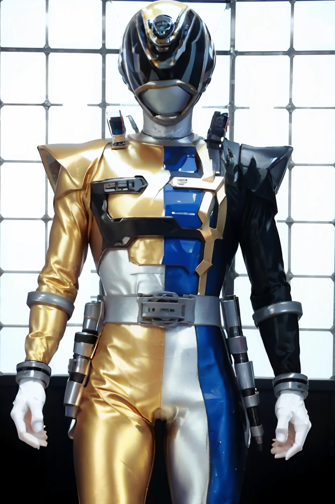 Fantasy background, cafe rpg style, empty chair, table, set of tea glass, (power rangers)), One guy、, ((white ranger suit)), red and blue chest armor with gold details, costume, Solo, ((fit figure)), (Anatomically correct), Cowboy shot, masked face, guns, muscular build