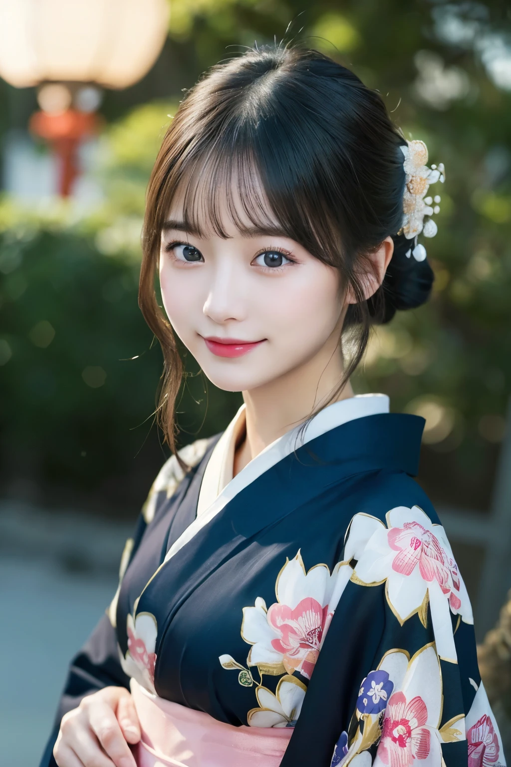 （kimono）、masterpiece、beautiful girl、Beautiful detailed eyes、highest quality, 超A high resolution, (reality: 1.2), Cinema Lighting、(Japanese Girls)、so beautiful、Beautiful Skin、(Looking at the audience)、(Surreal)、(High resolution)、(8k)、(Very detailed)、(Beautiful fine details)、(Very detailed)、 (wallpaper)、Detailed face、Bright lighting、Professional Lighting、Smile
