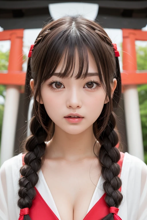 one girl, (a beauty girl, delicate girl:1.3), (24-years-old:1.3),
break, (Shrine maiden costume:1.3), Zoom in on face,
break, Very fine grain definition, (Symmetrical eyes:1.3),
break, (Inari Shrine:1.3), (torii:1.3),
break, Small breasts, Brown eyes, Parted bangs, Brown Hair,  girl,
break, (Eye and facial details:1.0),
break, (masterpiece, highest quality, Super detailed, Detailed face, 8k)、(orgasm、cleavage、twin braids、braided bangs、clenched teeth)、Bring your arms together