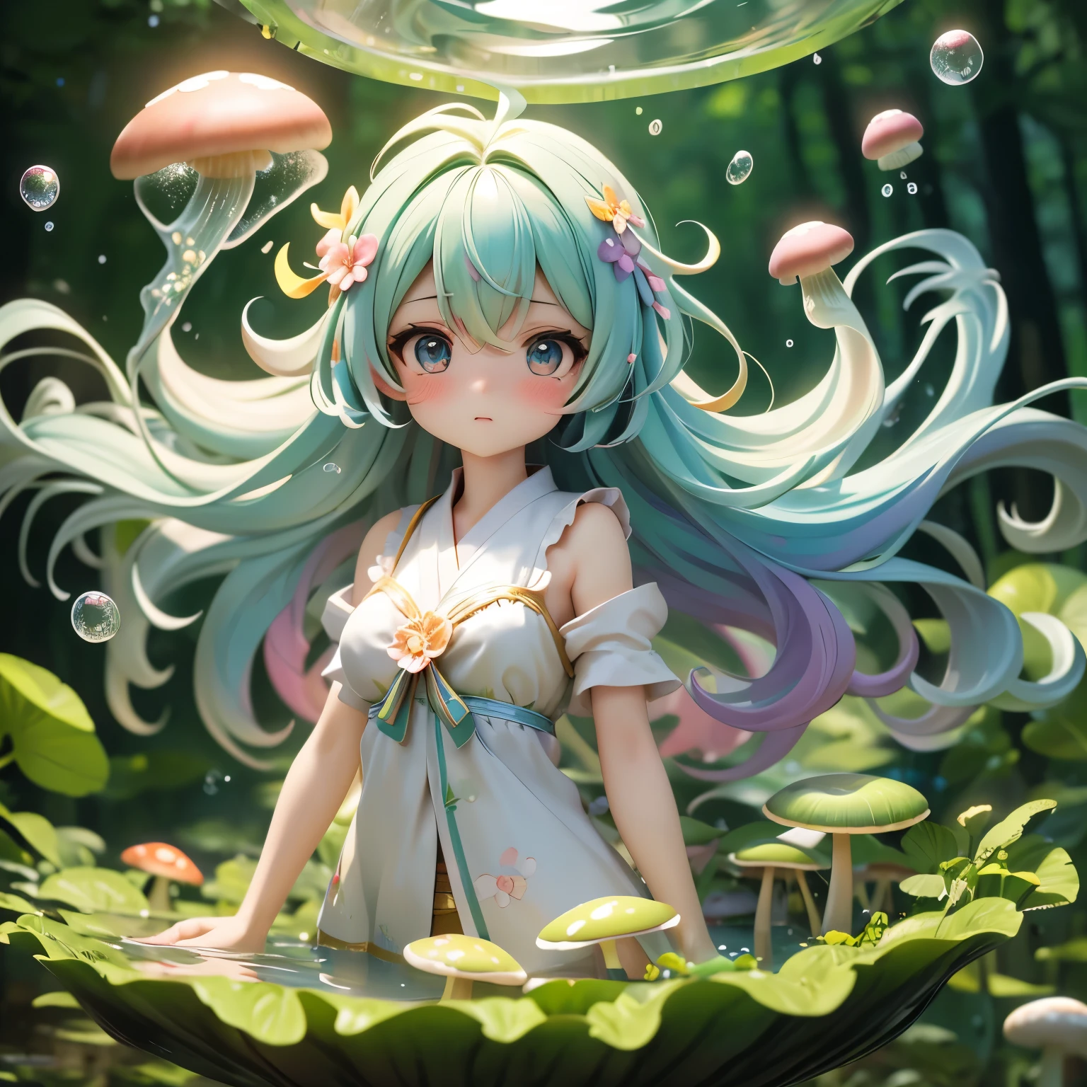 Nashida (masterpiece), (best quality), (Super detailed),(disheveled hair),(illustration), (1 Girl), Beautiful and delicate eyes,Delicate and beautiful face,floating,(High saturation),(Colorful splash),Colored bubbles,(shining),focus on face, Walking in a forest full of colorful mushrooms