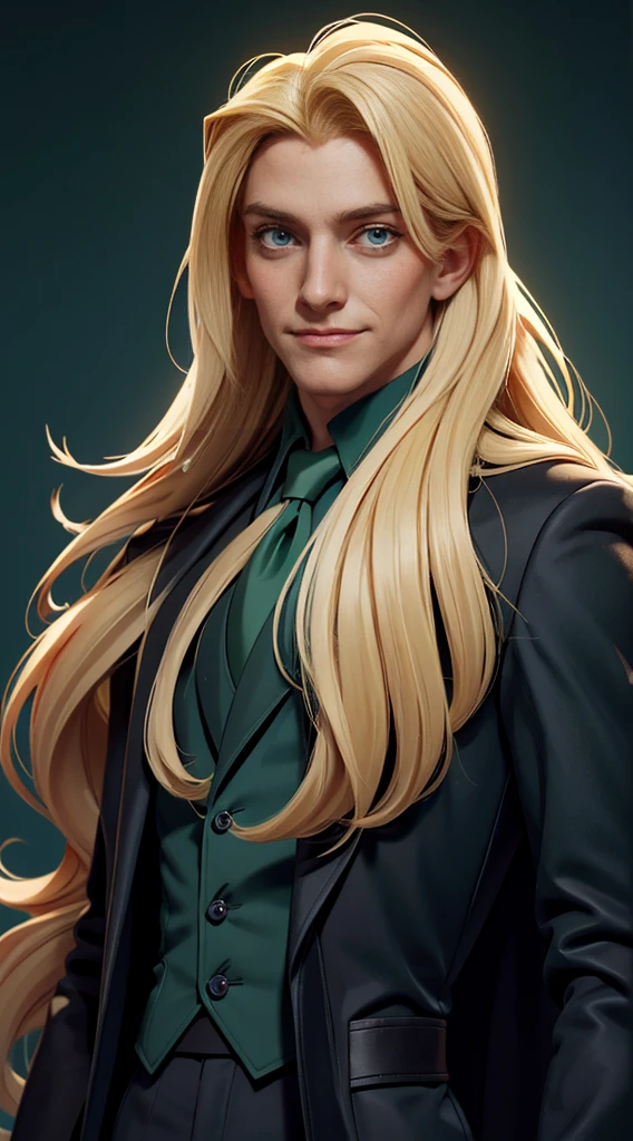 Lucjusz Malfoy, person with long blonde hair wearing a suit ((man)) (male), perfect face, evil smile(1.2), insane, crazy, Black coat, black suit, one young male, beautiful long hair, blond hair, blue eyes, green victorian shirt, green jabot, beautiful face, Pure blond straight hair, (long hair), Detailed hair, Blue Eyes, beautiful eyes, 8K image quality, Masterpiece