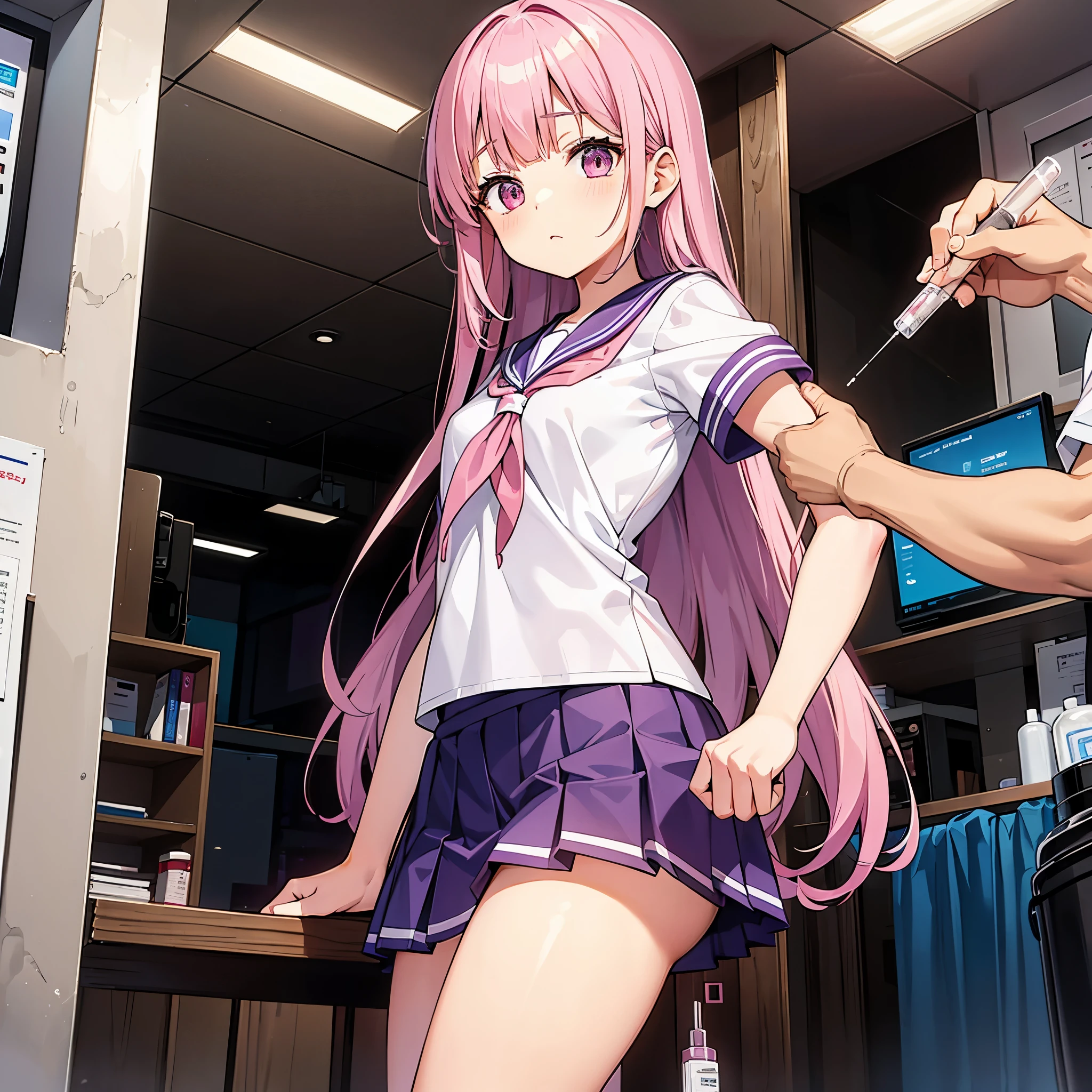 A pink-haired high school girl in a sailor uniform receives a vaccination、A man grabs your arm、Take the syringe and stick it into your upper arm.。.