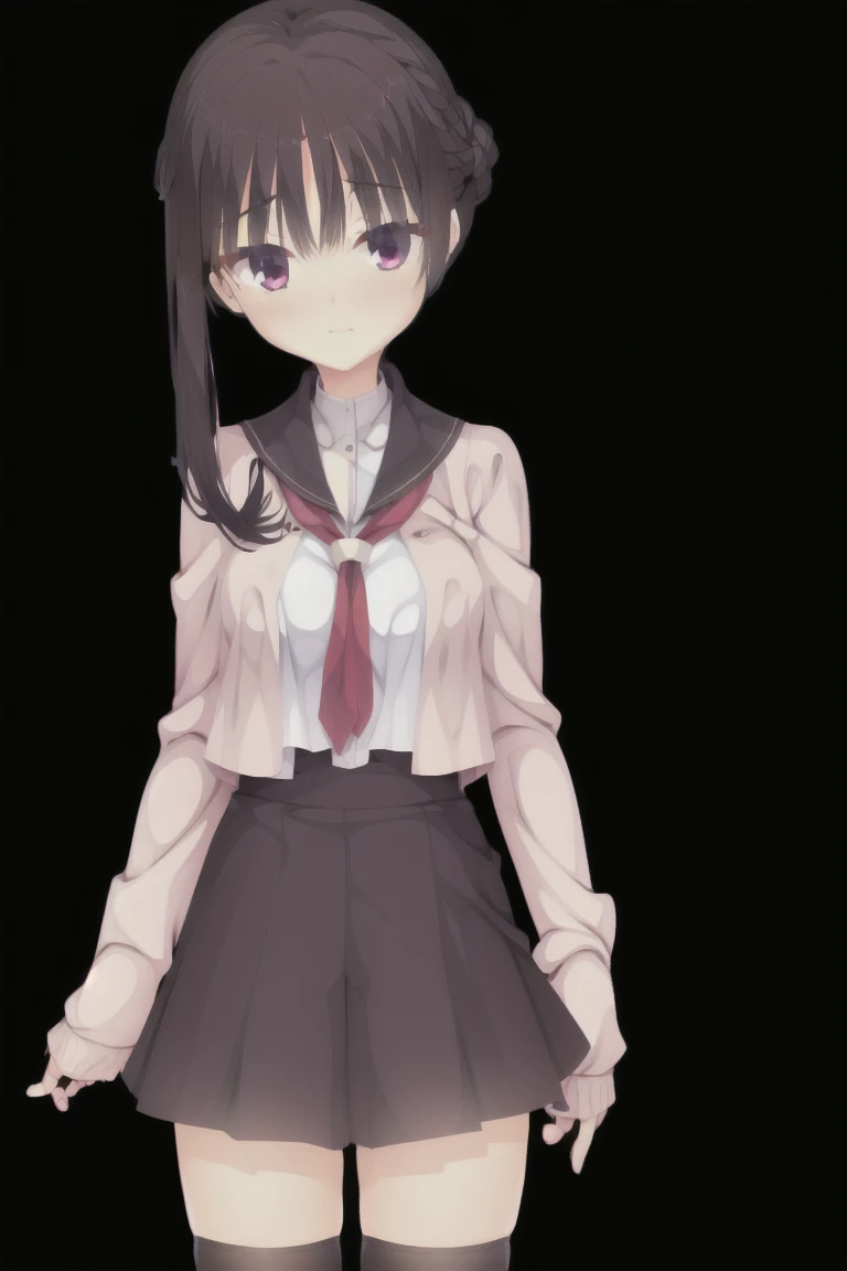 1girl,solo,looking_at_viewer,blush,smile,short_hair,bangs,skirt,black_hair,thighhighs,long_sleeves,closed_mouth,school_uniform,purple_eyes,full_body,pleated_skirt,shoes,serafuku,black_thighhighs,sailor_collar,zettai_ryouiki,neckerchief,hand_on_hip,brown_footwear,white_skirt,loafers,red_neckerchief, Open the shirt,Skirt flip,Panties in full view,expensive_solve, clear_image, expensive_Contrast, 8k, Sparkling, beautiful_detailed_face_and_eye, (Black Hair:1.25), 白 eye,Black background