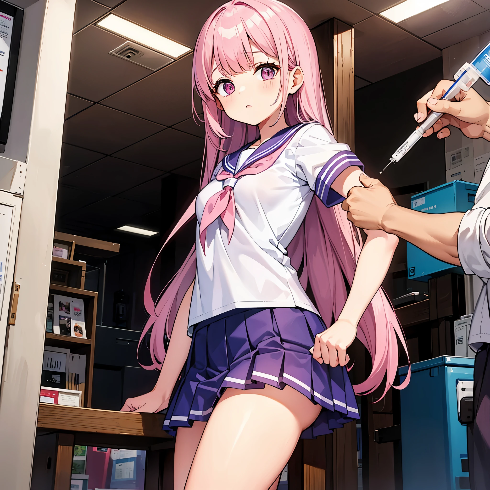 A pink-haired high school girl in a sailor uniform receives a vaccination、A man grabs your arm、Take the syringe and stick it into your upper arm.。.