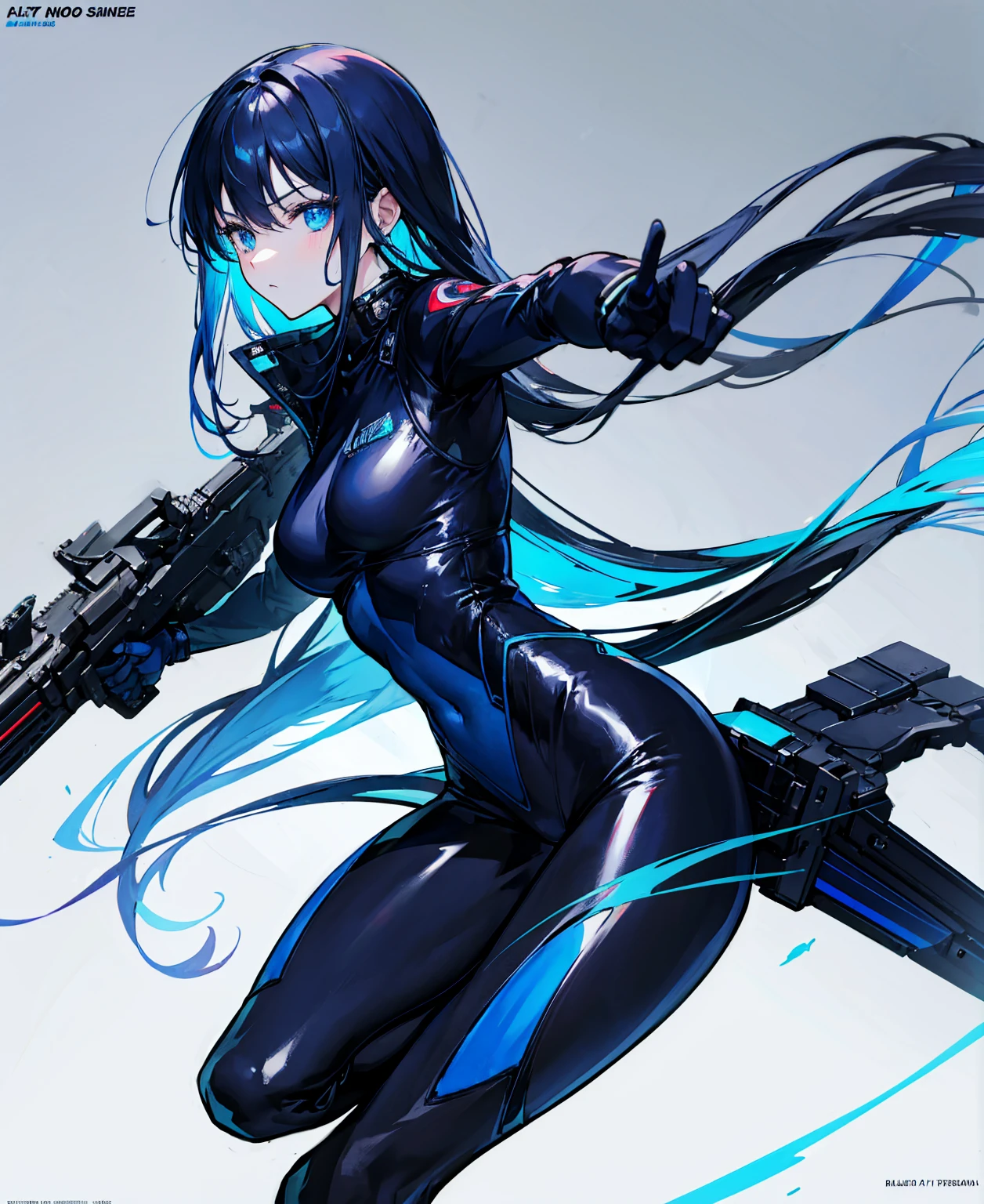 There is no background，girl，Carry a firearm，Patent leather tight suit，Use of firearms，Navy blue long hair，attention arousal，Blue colored eyes,No gradients