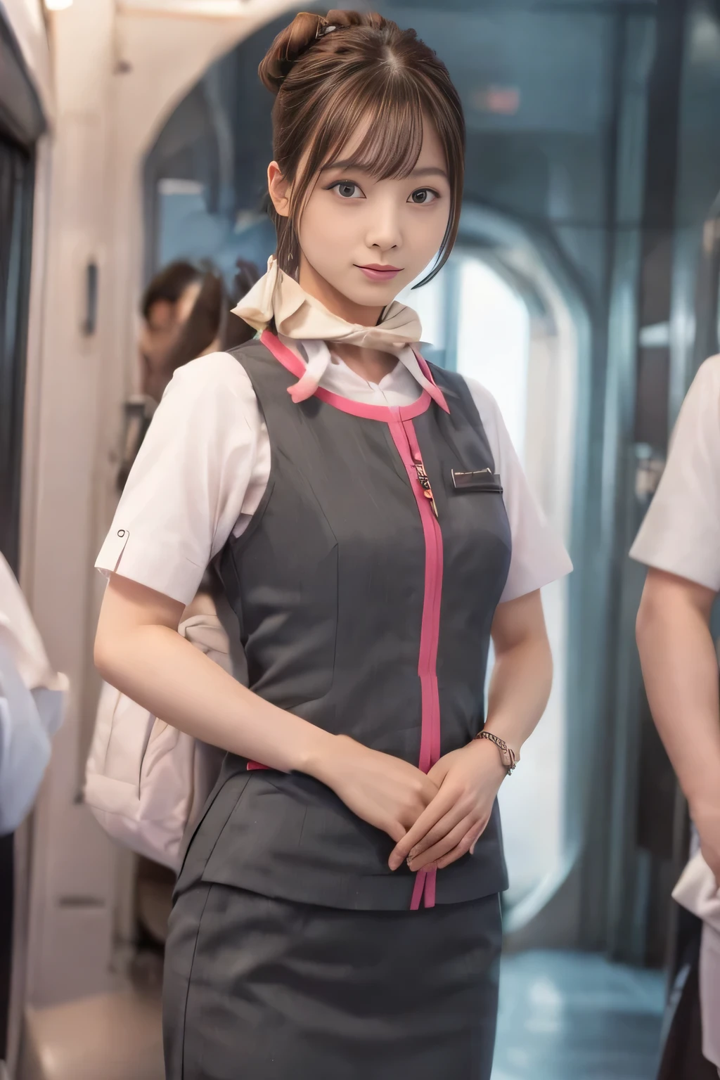 (masterpiece:1.2, highest quality:1.2), 32K HDR, High resolution, (alone、1 girl)、（At the station platform、Professional Lighting）、Station Background、（Realistic style of JR Gran Class crew wearing uniform）、Short sleeve blouse、a scarf around the neck、（JR Gran Class flight attendant uniform with pink parts on the skirt sleeves）、（JR Gran Class flight attendant uniform with pink stripes on the vest）、Dark brown hair、（Hair tied up、Hair Bun、Hair Bun）、Dark brown hair、Long Shot、Big Breasts、（（Great hands：2.0）），（（Harmonious body proportions：1.5）），（（Normal limbs：2.0）），（（Normal finger：2.0）），（（Delicate eyes：2.0）），（（Normal eyes：2.0））)、Luxury Necklace、Captivating look、Beautiful standing posture,Place your hands around your stomach