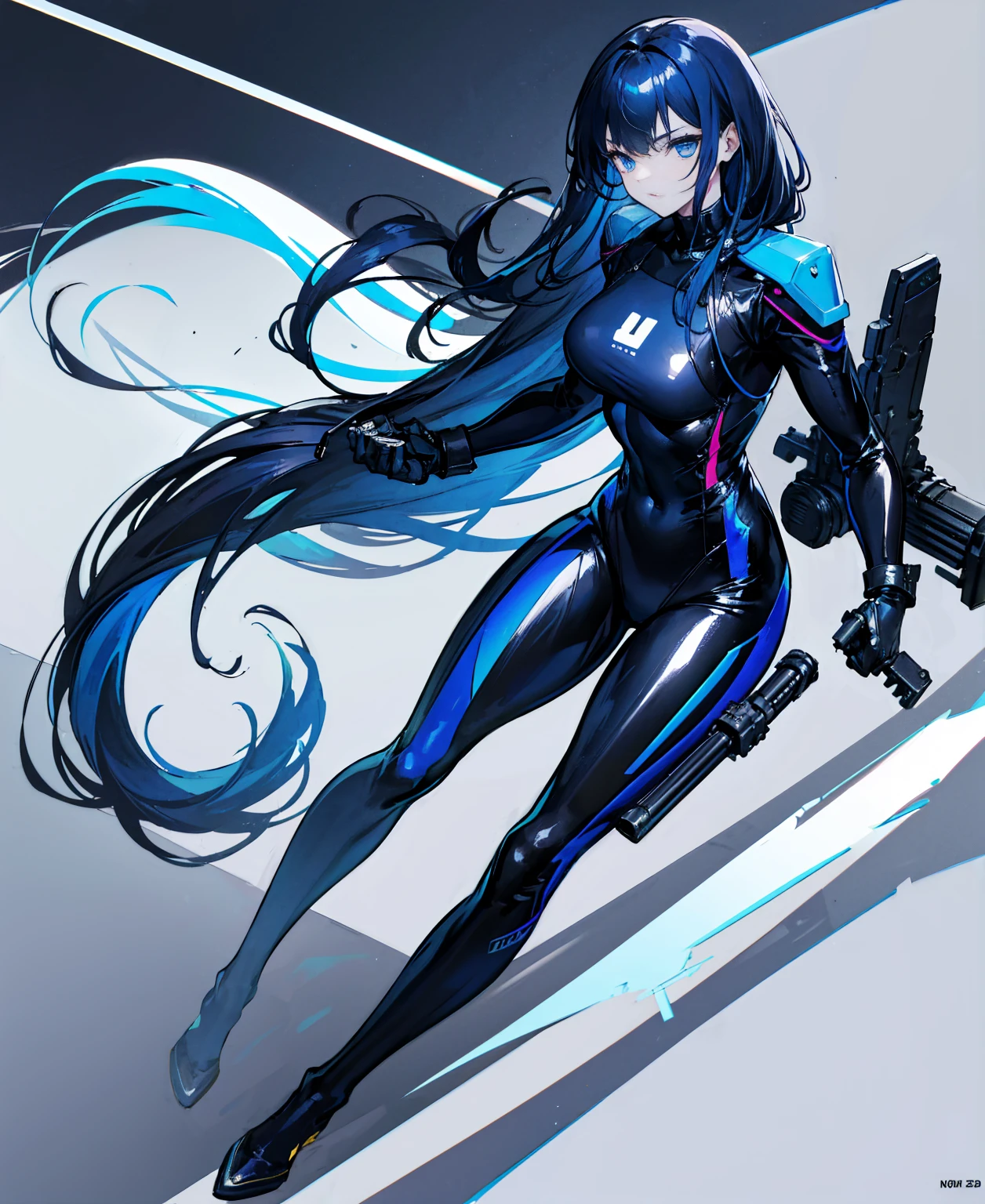 There is no background,girl,Carry a firearm,Patent leather tight suit,Use of firearms,Navy blue long hair,attention arousal,Blue colored eyes,No gradients