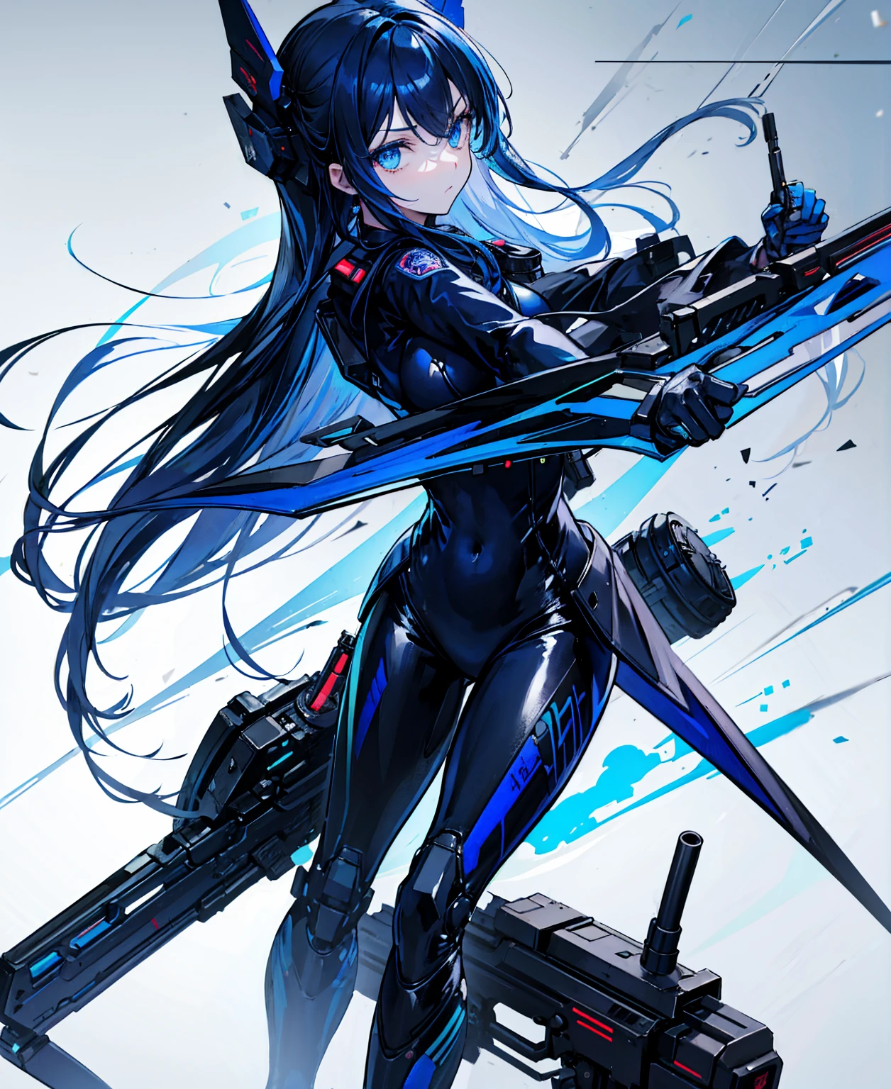 There is no background，girl，Carry a firearm，Patent leather tight suit，Use of firearms，Navy blue long hair，attention arousal，Blue colored eyes,No gradients