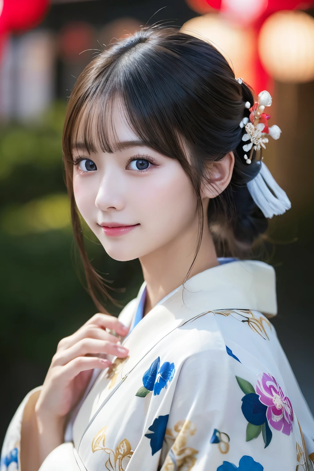 (kimono)、masterpiece、beautiful girl、Beautiful detailed eyes、highest quality, 超A high resolution, (reality: 1.2), Cinema Lighting、(Japanese Girls)、so beautiful、Beautiful Skin、(Looking at the audience)、(Surreal)、(High resolution)、(8k)、(Very detailed)、(Beautiful fine details)、(Very detailed)、 (wallpaper)、Detailed face、Bright lighting、Professional Lighting、Smile