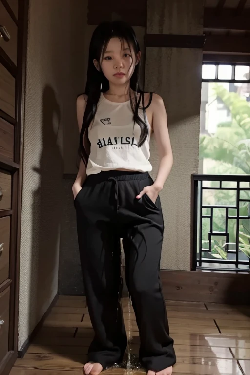 Japanese Girl sees the ghost and pees her black palazzo pants until her pants are wet in fright.