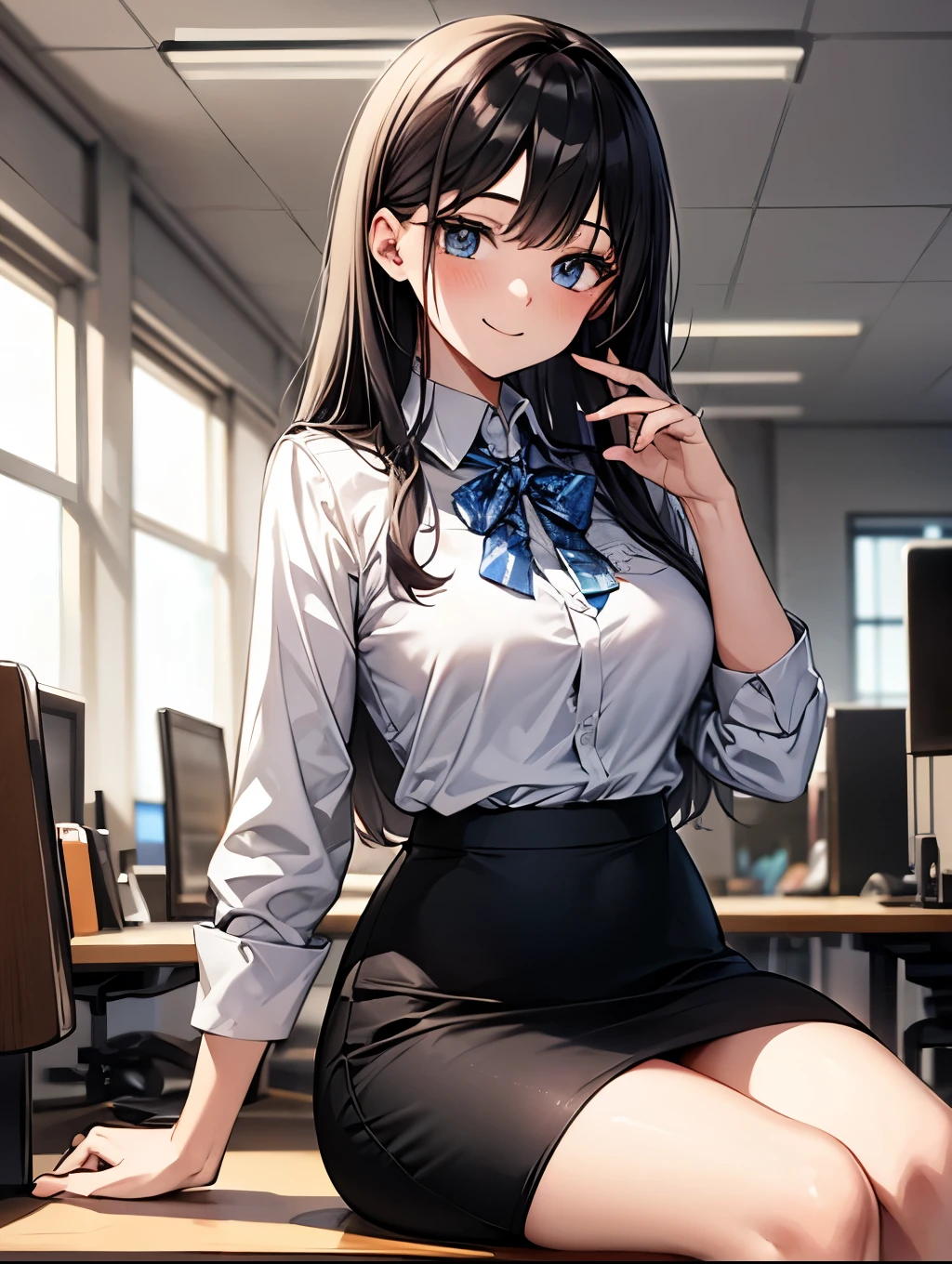 1 girl, Solo, 22 years old, cute girl, Best Quality, masutepiece, 8K, High resolution, Ultra-detailed, sitting on the chair in the office, warking in the office, light smile, black hair, (uniform, collared shirt, light blue, longsleeves, pencil skirt, long skirt:1.2, dark gray skirt),