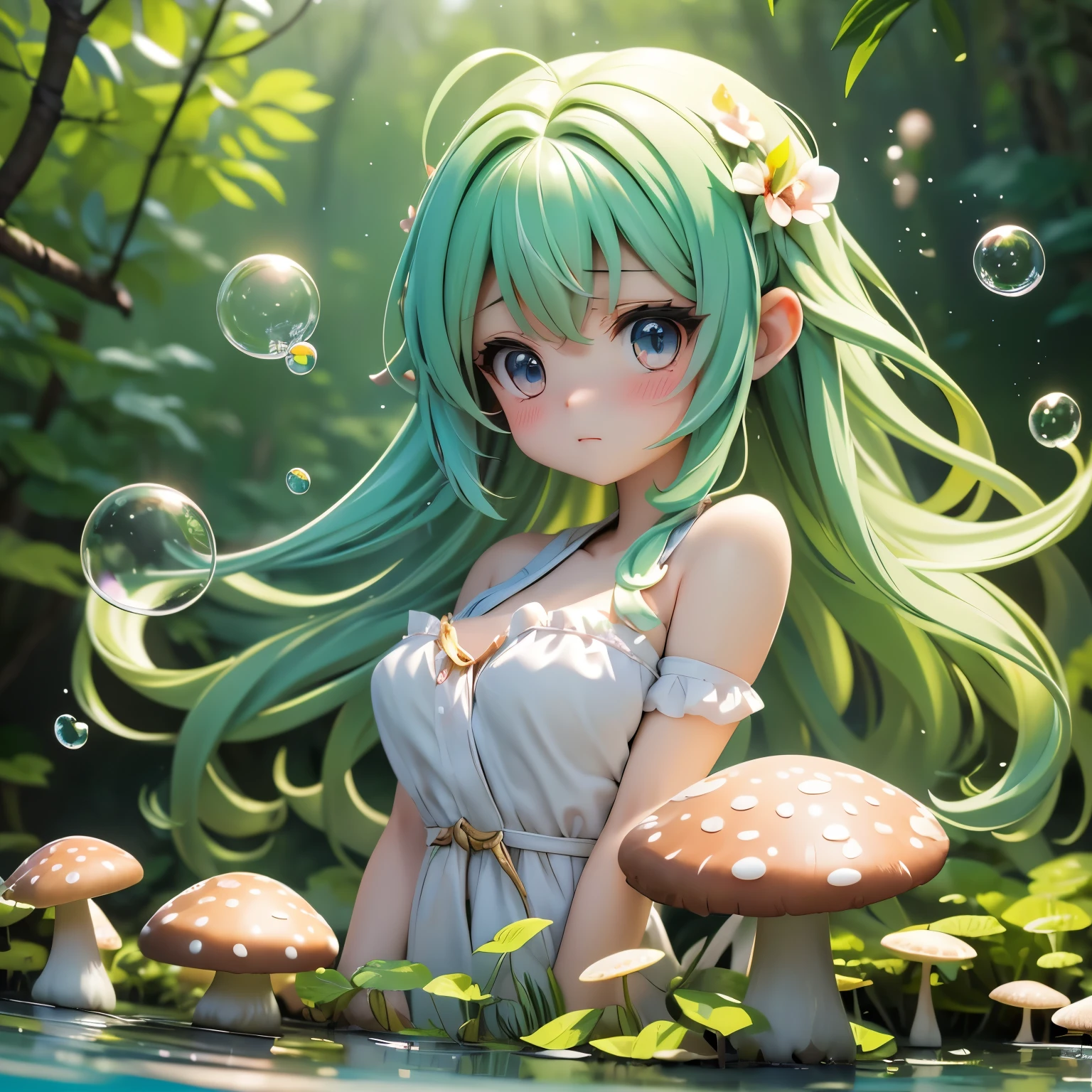 Nashida (masterpiece), (best quality), (Super detailed),(disheveled hair),(illustration), (1 Girl), Beautiful and delicate eyes,Delicate and beautiful face,floating,(High saturation),(Colorful splash),Colored bubbles,(shining),focus on face, Walking in a forest full of colorful mushrooms