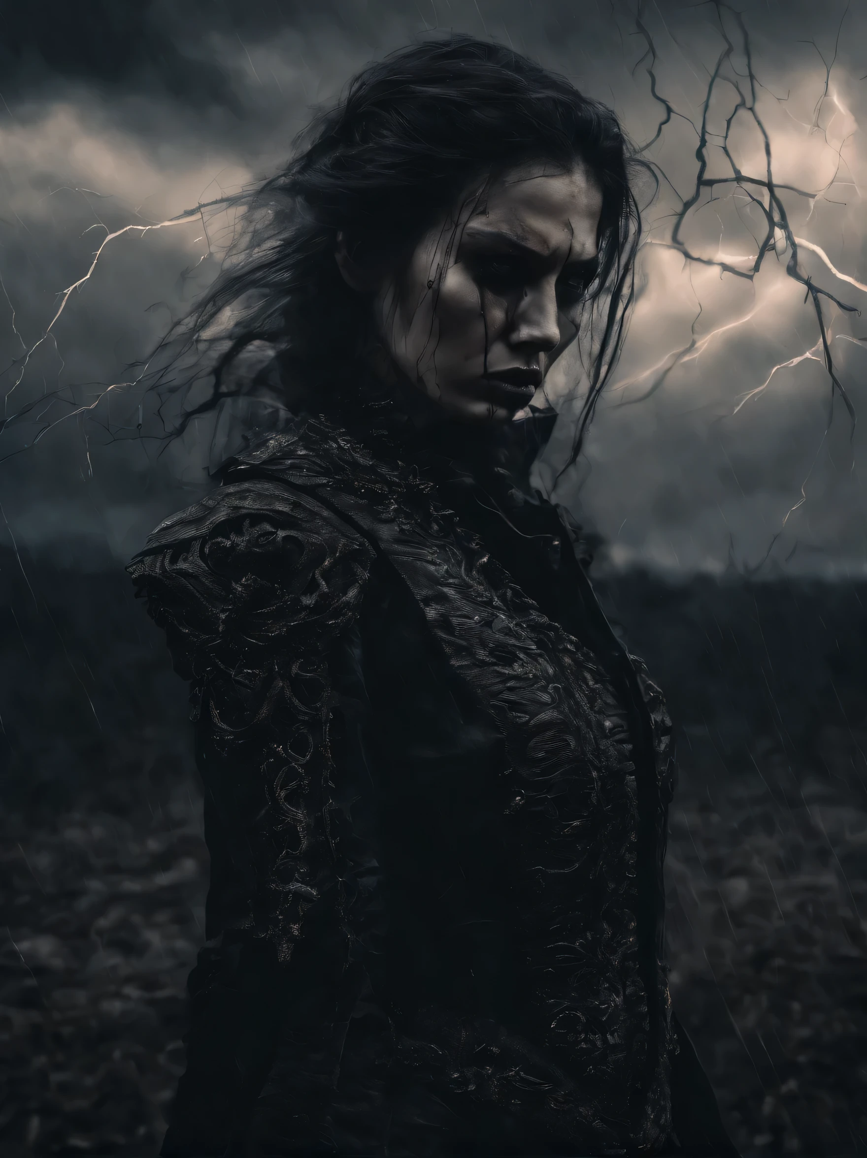 a young woman in a dark fantasy world, angry expression, messy dark hair, detailed facial features, dramatic lighting, dark moody atmosphere, fantasy landscape, dark clouds, lightning, cinematic, dramatic, digital art, 8k, highres, detailed, photorealistic
