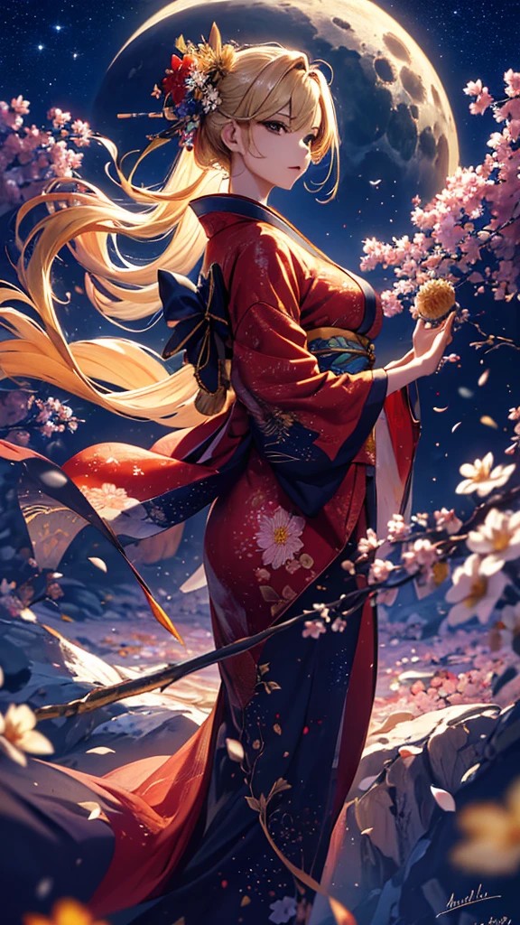 masterpiece, high quality, 4K, Beautiful design, silhouette,blonde, 非常に詳細な夜のStarry Sky,Flower Field, wonderful, Finer details, Very knowledgeable woman, Highly detailed solo, 1 female,Big Breasts,Red colored kimono,Night view,Starry Sky,full moon,