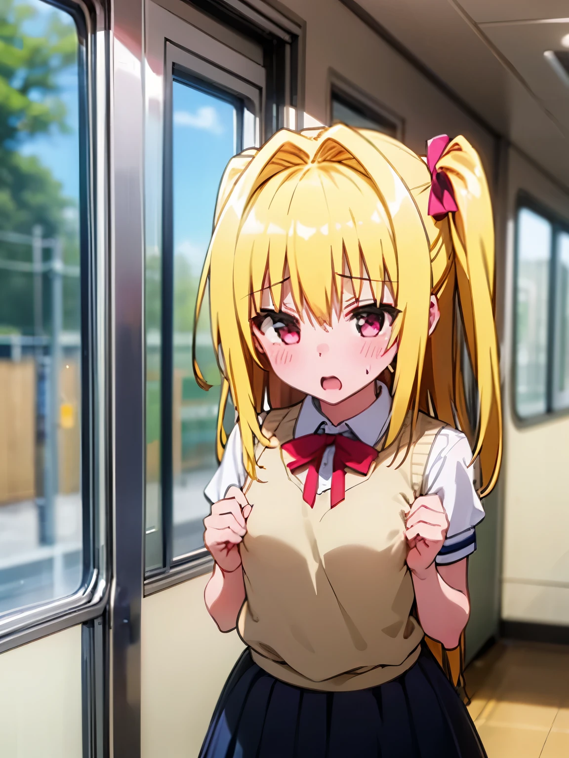 NSFW,1 girl,darkness、(Yellow Hair:1.5)、Long Hair、(Red Eye:1.5)、(hair ornaments:1.2)、Two Side Up、No sleeve、uniform、shirt、白いshirt、ribbon、(緑のribbon:1.5)、skirt、(緑のskirt:1.2)、プリーツskirt、ショートskirt、sweater、(薄茶色のsweaterベスト:1.5)、Short sleeve、(Perfect hands),(Perfect Anatomy),(masterpiece),(highest quality),Embarrassed,blush,Inside the train,(Molester:1.8),1 middle-aged male