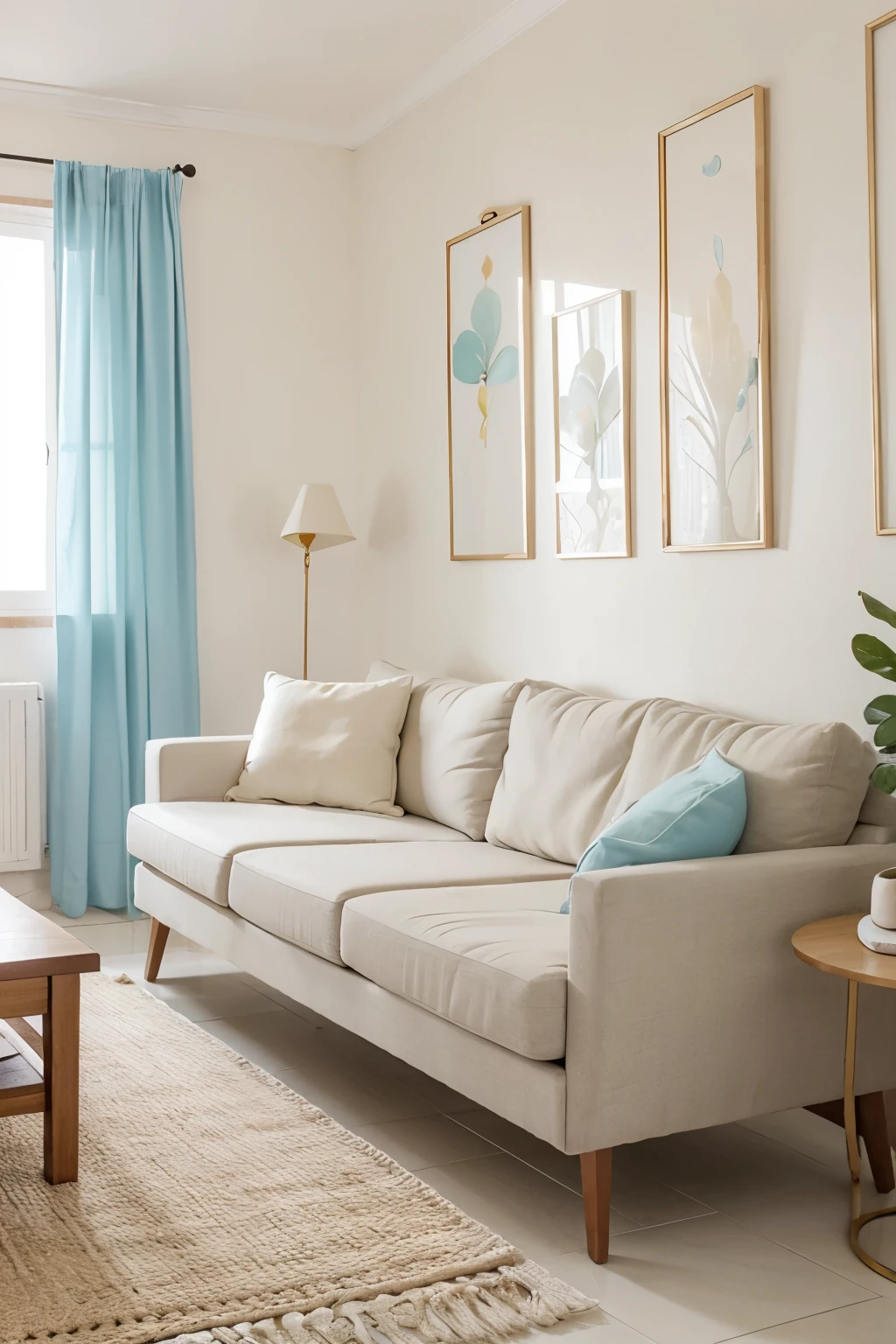 Sala de estar pequena com Paredes brancas, beige sofa and pastel blue details for a relaxing and inviting environment.