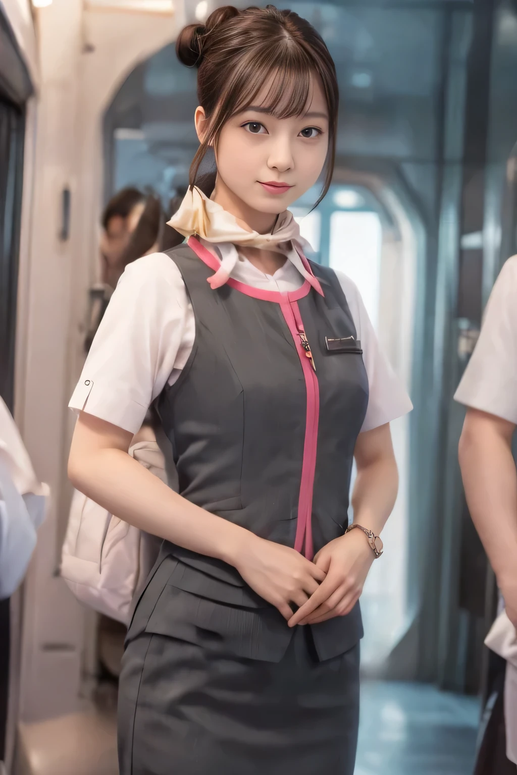 (masterpiece:1.2, highest quality:1.2), 32K HDR, High resolution, (alone、1 girl)、(At the station platform、Professional Lighting)、Station Background、(Realistic style of JR Gran Class crew wearing uniform)、Short sleeve blouse、a scarf around the neck、(JR Gran Class flight attendant uniform with pink parts on the skirt sleeves)、(JR Gran Class flight attendant uniform with pink stripes on the vest)、Dark brown hair、(Hair tied up、Hair Bun、Hair Bun)、Dark brown hair、Long Shot、Big Breasts、((Great hands:2.0)),((Harmonious body proportions:1.5)),((Normal limbs:2.0)),((Normal finger:2.0)),((Delicate eyes:2.0)),((Normal eyes:2.0)))、Luxury Necklace、Captivating look、Beautiful standing posture,Place your hands around your stomach