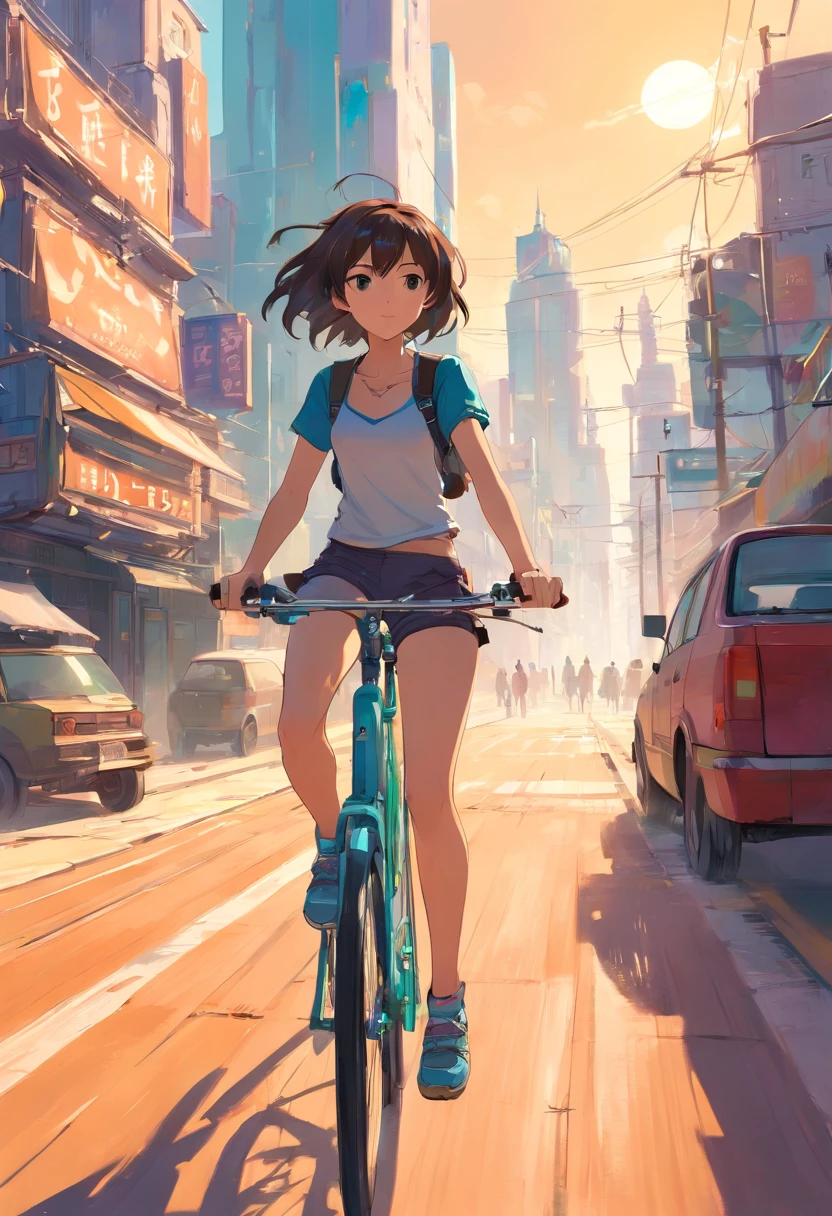 a girl rides a bicycle, in running shorts, short shorts, a painting of a city in the middle of a desert, concept art, inspired by Stephan Martiniere, digital art, victorian steampunk mega city, mandelbulb 3 d buildings, matte painting of steam machines, russian orbit city cityscape