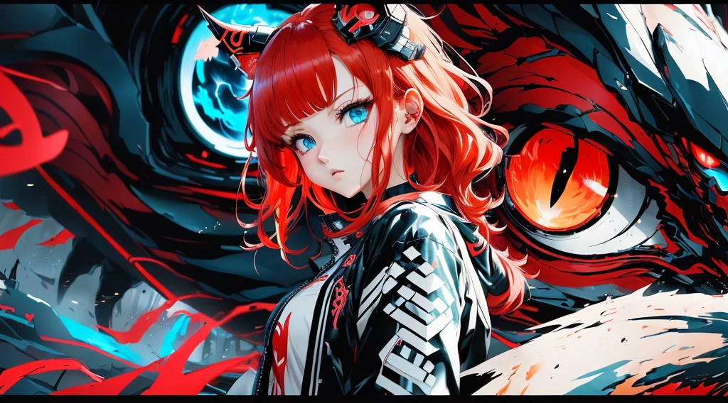 anime girl with red hair and blue eyes standing in front of a giant monster, anime style 4 k, anime style. 8k, nightcore, anime wallpaper 4 k, anime wallpaper 4k, anime art wallpaper 4 k, anime art wallpaper 4k, anime style mixed with fujifilm, anime art wallpaper 8 k, epic anime style, persona 5 art style wlop