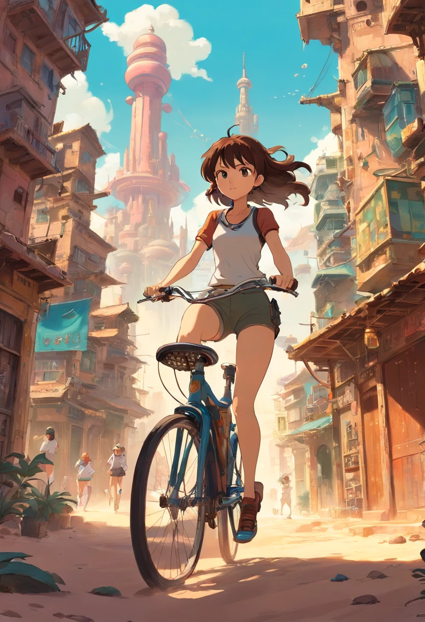 a girl rides a bicycle, in running shorts, short shorts, a painting of a city in the middle of a desert, concept art, inspired by Stephan Martiniere, digital art, victorian steampunk mega city, mandelbulb 3 d buildings, matte painting of steam machines, russian orbit city cityscape