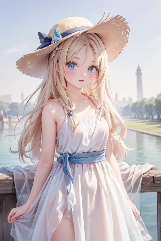 masterpiece, highest quality, 16k、High resolution, Cowboy Shot、Detailed face、1 、blue eyes、blonde、Braiding、White Dress、Straw hat、India、In front of the Taj Mahal