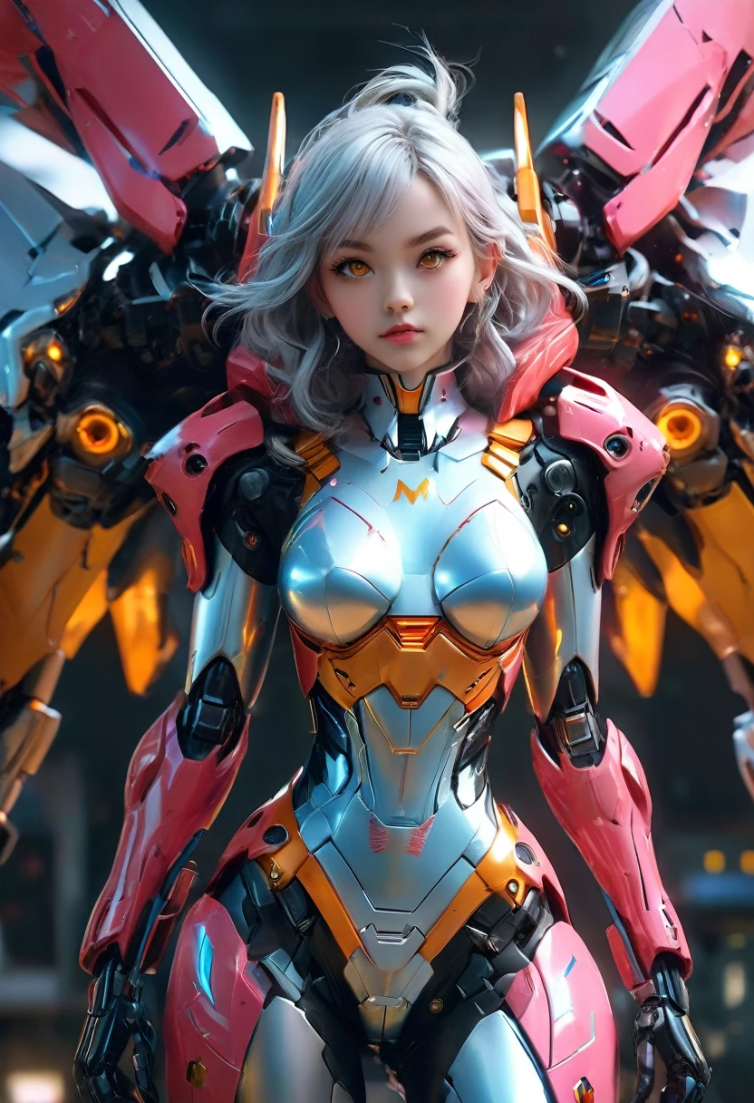 (full-body shot including toes, high resolution, masterpiece, highest quality, extremely detailed CG), realistic, photograph, astonishingly detailed, glossy and shiny, stunning multiple layers, 8k wallpaper, 3D, sketch, perfect proportions, mesmerizing beauty, celestial maiden,, (mecha inspired by Neon Genesis Evangelion:1.5), (mecha inspired by matrix:1.2), (T-REX ferocity:1.3), (gold metallic color scheme:1.4), (black howk-like large wings:1.5), (heavy armor:1.4), (illuminated armor:1.4), (giant weapon:1.3), (flowing cloth:1.1), (yellow eyes and metallic body:1.2), (desolate battlefield background:1.4), sparks and debris, black, blue, white, orange, vibrant rainbow-colored particles