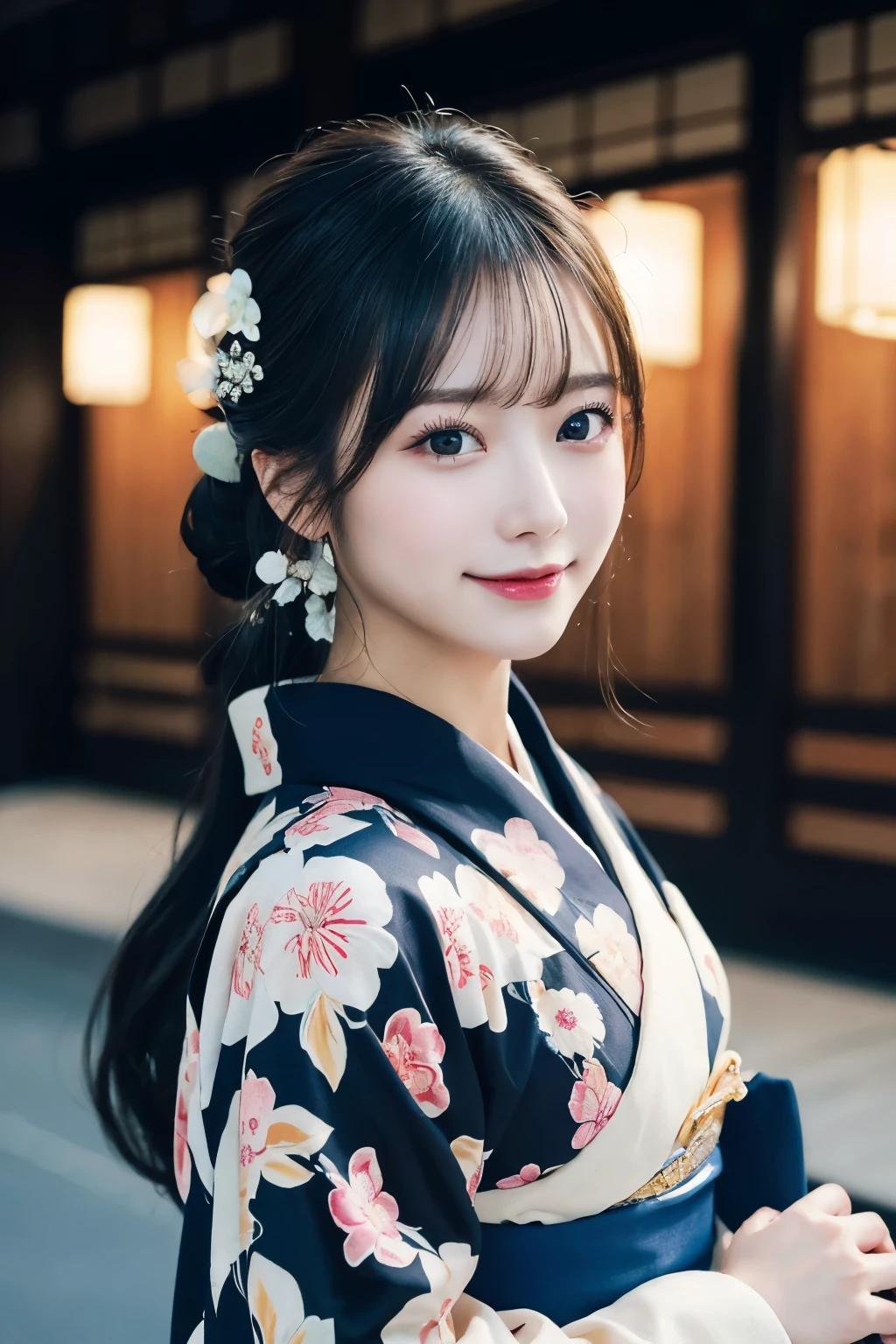 (kimono)、masterpiece、beautiful girl、Beautiful fine details、highest quality, 超A high resolution, (reality: 1.2), Cinema lighting、(Japanese Girls)、so beautiful、Beautiful Skin、(Looking at the audience)、(Surreal)、(High resolution)、(8k)、(Very detailed)、(Beautiful fine details)、(Very detailed)、 (wallpaper)、Detailed face、Bright lighting、Professional Lighting、smile