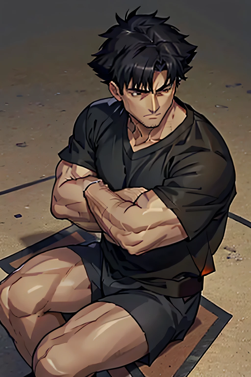 Kiritsugu is sitting and flexing his biceps. He wears black shorts. You can see his thighs. He looks stoic and serious. He has bulging veins on his arms. He wears a black tshirt with short sleeves. His sleeve is completely rolled up so you can see his entire arm and shoulder. He is showing his abs too.
