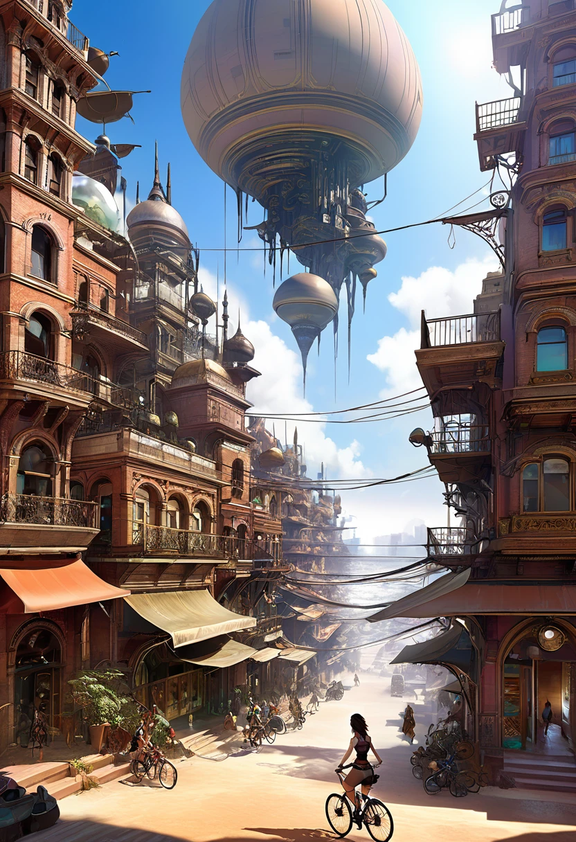 a girl rides a bicycle, in running shorts, short shorts, a painting of a city in the middle of a desert, concept art, inspired by Stephan Martiniere, digital art, victorian steampunk mega city, mandelbulb 3 d buildings, matte painting of steam machines, russian orbit city cityscape
