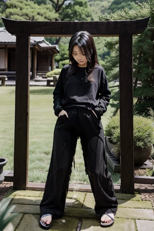 Japanese Girl sees the ghost and pees her black palazzo pants until her pants are wet in fright.