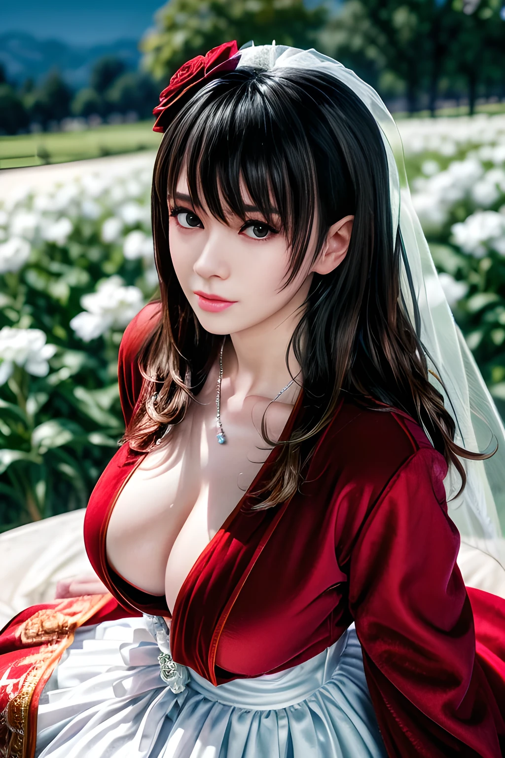 1girl,(RED theme: 1.2), (Velvet fabric Wedding dress: 1.2), (Ice flower Robe: 1.5), ,garden,moon,huge breasts,lactating,(lip gloss),(masterpiece), best quality, (real life portrait photography:1.5),unltra detailed,8K,Shot with a professional-grade camera like the Nikon D850,every intricate detail is captured, from the subtlest expression to the glimmer of anticipation in her eyes,,nanami