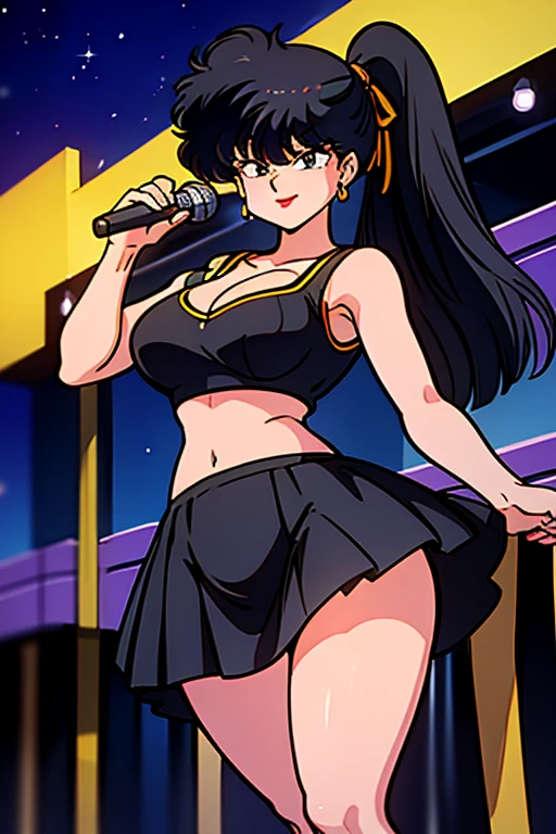 masterpiece,highest quality,Detailed, 1girl, solo girl, black hair, black eyes, Narrow eyes, ((sidetale))
, smiling, holding a mike, singing, music notes, Concert hall, stage, idol, idol outfit,  Yellow ribbon on the head,Yellow ruffled skirt,Big Breasts,No sleeve,Cleavage,Open chest,Thick thighs,1990s,Ranma,arm pit,Long legs,Raise your hand,Belly button
