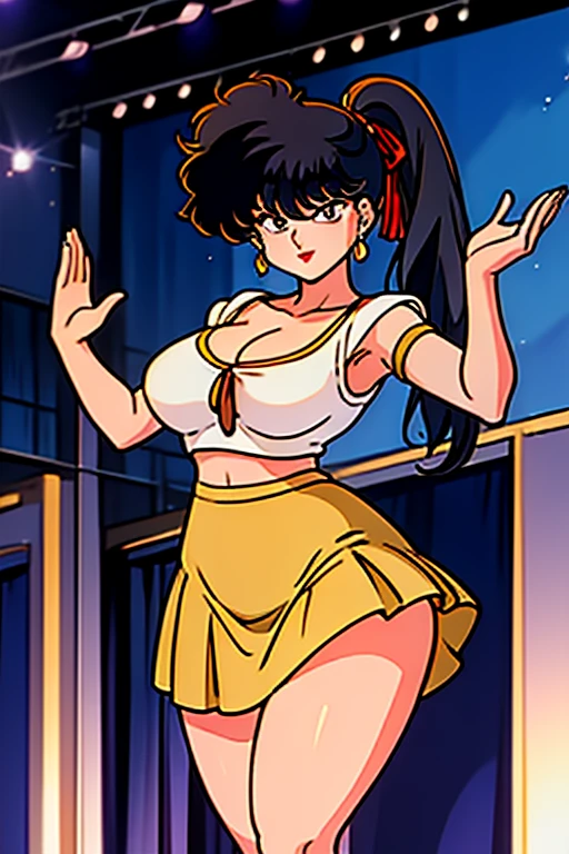 masterpiece,highest quality,Detailed, 1girl, solo girl, black hair, black eyes, Narrow eyes, ((sidetale))
, smiling, holding a mike, singing, music notes, Concert hall, stage, idol, idol outfit, Yellow ribbon on the head,Yellow ruffled skirt,Big Breasts,No sleeve,Cleavage,Open chest,Thick thighs,1990s,Ranma,arm pit,Long legs,Raise your hand,Belly button