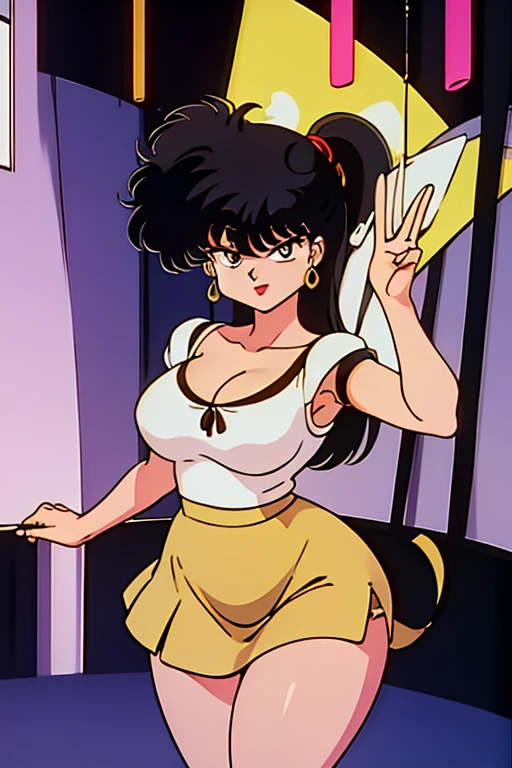 masterpiece,highest quality,Detailed, 1girl, solo girl, black hair, black eyes, Narrow eyes, ((sidetale))
, smiling, holding a mike, singing, music notes, Concert hall, stage, idol, idol outfit,  Yellow ribbon on the head,Yellow ruffled skirt,Big Breasts,No sleeve,Cleavage,Open chest,Thick thighs,1990s,Ranma,arm pit,Long legs,Raise your hand,Belly button
