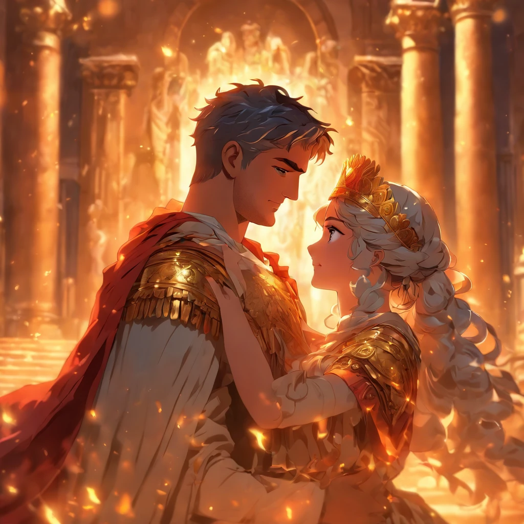 A highly detailed digital painting of the Roman Emperor Constantine the Great and his beloved Minervina embracing passionately, their faces filled with love and excitement, dramatic and romantic lighting, warm color palette, lyrical and heartfelt, (best quality,4k,8k,highres,masterpiece:1.2),ultra-detailed,(realistic,photorealistic,photo-realistic:1.37),dramatic lighting, romantic atmosphere, chiaroscuro lighting, impasto brushstrokes, classical architecture, detailed costumes, opulent fabrics, lush scenery