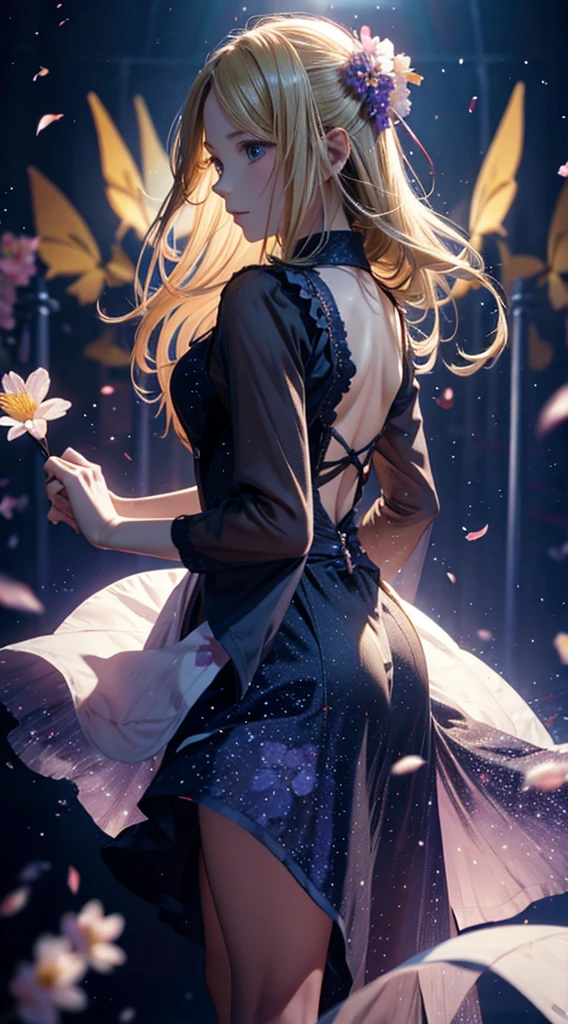 １people々,Blonde long-haired woman，Dress Silhouette，Dancing silhouette，dance， Rear View，Space Sky, Flower Field，Colorful flowers，Fluttering petals，