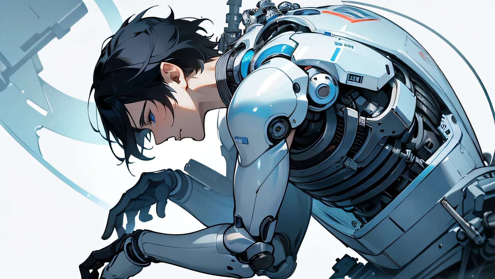Handsome man 30 years old Japanese model　Very short, cropped black hair　Soft Macho　　　White and blue mechanical parts attached to bare skin　future　　Parts being attached to the bare skin on the right side of the body　The right half of the body is bare skin with white mechanical parts　Full body portrait　Human body transformation　Nude, white and blue android parts being fitted　　　Naked with white exoskeleton mechanical parts