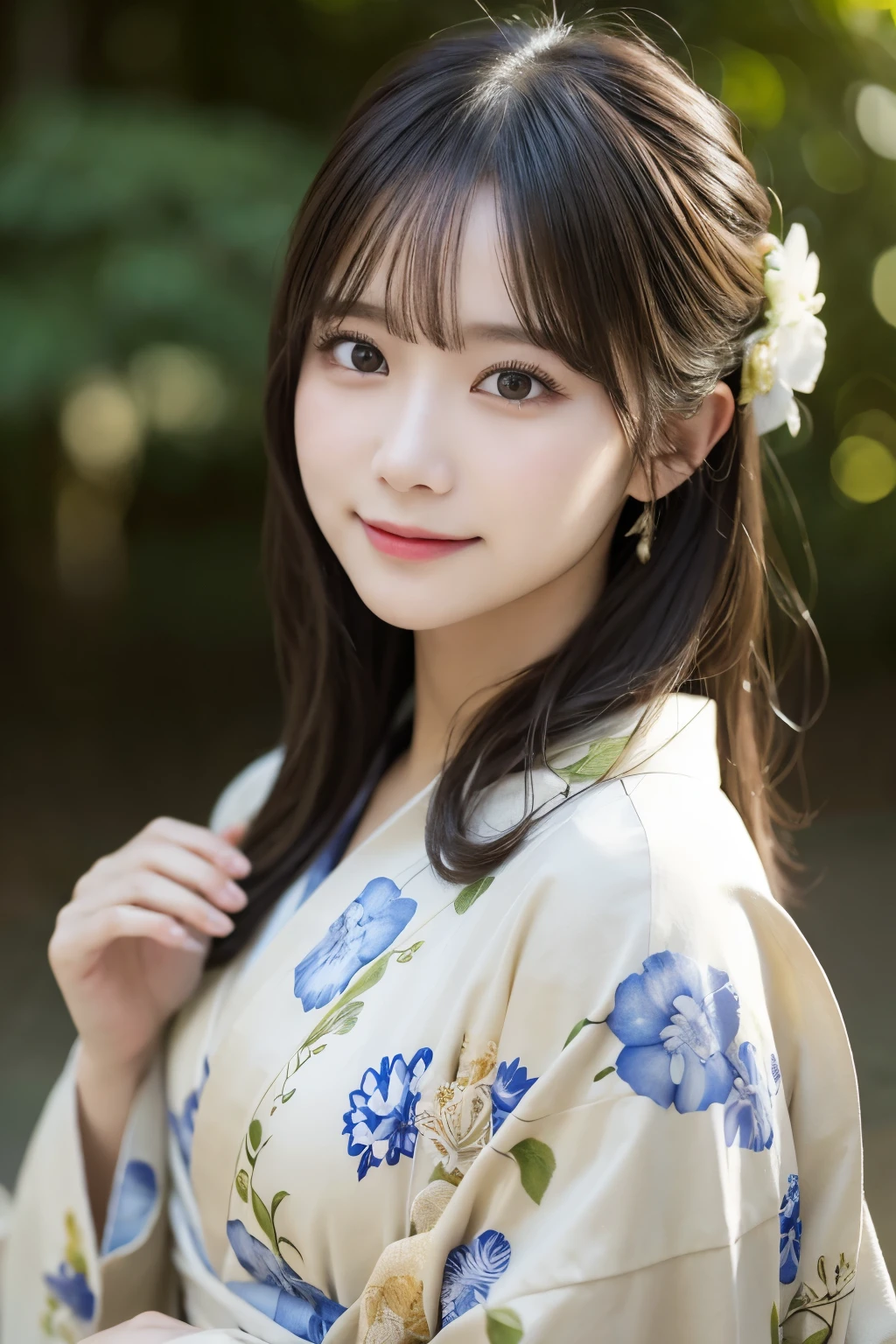（kimono）、(highest quality、8k、High resolution、masterpiece:1.2)、Very detailed、(Realistic、photoRealistic、photo-Realistic:1.3)、Bokeh、Portraiture、smile、(Beautiful and detailed eyes、Young face、Detailed face、No makeup)、A little backlight、Depth of written boundary、chromatic aberration、Use natural light and color、Wide range of lighting、Natural Shading、Caustics