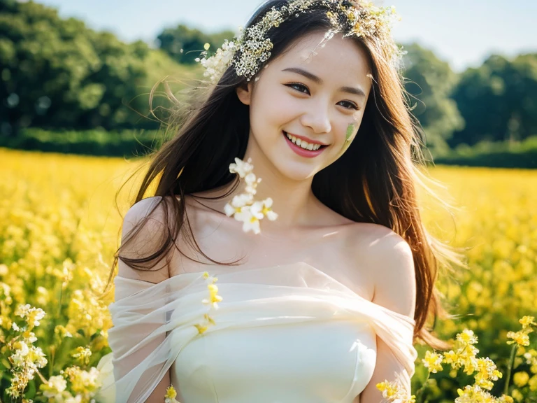 highest quality, masterpiece, ultra high resolution, (realistic:1.4), RAW photo, 1 girl, white dress, off shoulder, rape blossom field, glowing skin, light smile